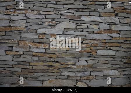Dry stone wall construction texture. Drystacked stone technique used for terraces and retaining walls in rural Valencia, Spain. Natural stonework back Stock Photo