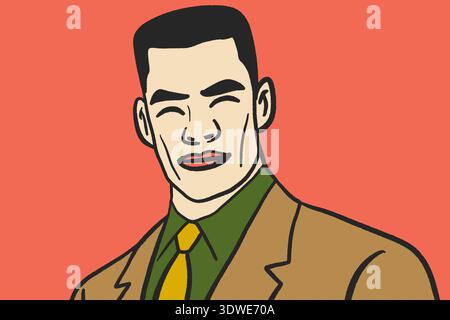 Digital illustration of a smiling male character in a suit, designed in a minimalist style. The portrait features bold lines and flat colors against a Stock Photo