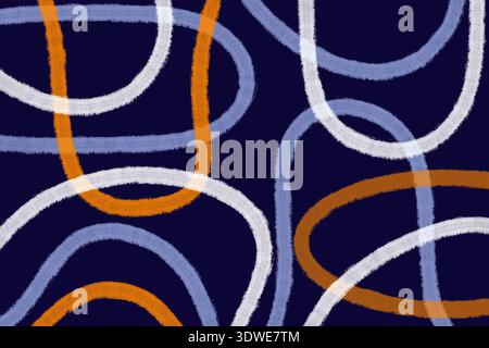 An abstract illustration featuring orange, blue, and white loops on a dark navy background, creating an intriguing and dynamic visual pattern with int Stock Photo
