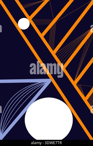 Vibrant geometric illustration featuring bold orange and blue lines on a dark background. The captivating abstract design uses shapes and angles for a Stock Photo