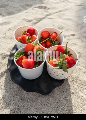Four white cups filled with ripe, vibrant strawberries arranged on a black tray resting on the sandy surface. This fresh, vegan-friendly setup is perf Stock Photo