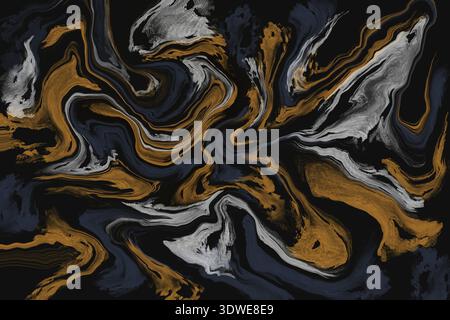 Abstract illustration featuring swirling patterns of golden and black with marble-like textures. Dynamic lines create an elegant and luxurious backgro Stock Photo