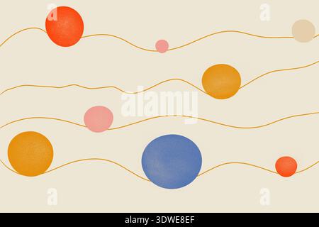Abstract art featuring wavy geometric lines and vibrant circles in various colors. This minimalist design highlights dynamic movement and the harmonio Stock Photo