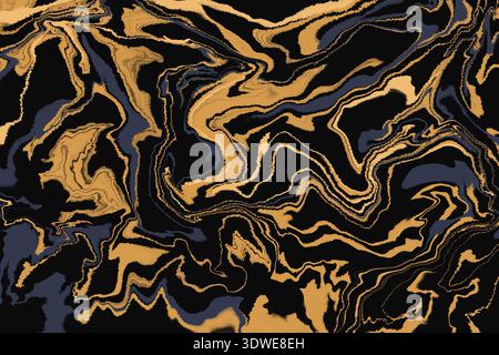 Elegant abstract marble texture featuring golden and black swirling lines on a rich dark background. Perfect for design projects needing a luxurious, Stock Photo