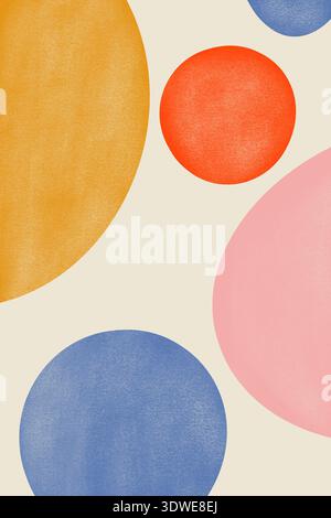 Abstract composition featuring overlapping geometric shapes in vibrant hues of orange, blue, and pink. Circles of varied sizes create a dynamic visual Stock Photo
