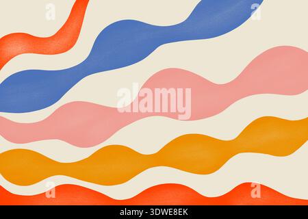 An abstract design featuring vibrant wavy geometric patterns in orange, blue, pink, and yellow. The harmonious blend of colors and shapes creates a vi Stock Photo