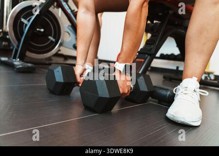 Woman lifting two dumbbells at the gym, focusing on strength training and fitness. The image emphasizes a healthy lifestyle and dedication. Stock Photo