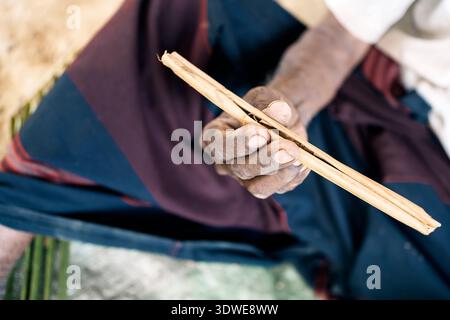 The image captures a skilled artisan meticulously crafting cinnamon sticks by hand, showcasing the traditional process and dedication involved in crea Stock Photo