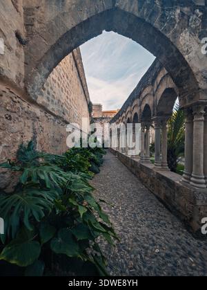 A historic stone corridor with elegant archways leading through lush greenery, set in the serene atmosphere of Palermo, capturing the essence of timel Stock Photo