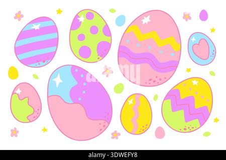 Colorful Easter eggs in dopamine style set. Bright pastel palette ornaments. Doodle elements isolated on white background for spring holiday decor Stock Vector