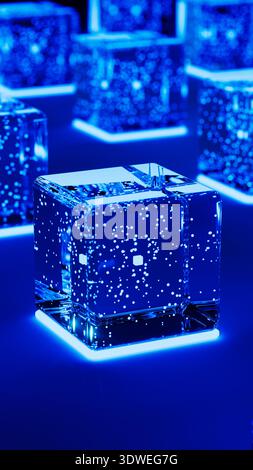 Modern cubes glow with blue light, creating an advanced technology backdrop filled with data in a digital environment. Stock Photo