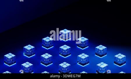 Modern cubes glow with blue light, creating an advanced technology backdrop filled with data in a digital environment. Stock Photo