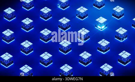 Modern cubes glow with blue light, creating an advanced technology backdrop filled with data in a digital environment. Stock Photo