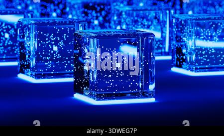 Modern cubes glow with blue light, creating an advanced technology backdrop filled with data in a digital environment. Stock Photo