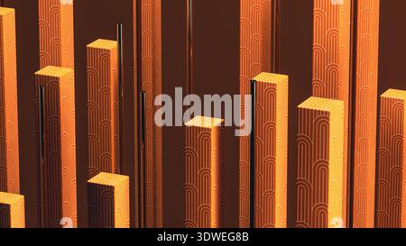 This scene displays a collection of vertical lines in an abstract 3D background. The colors and shapes create a unique geometric structure. Stock Photo