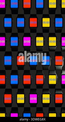 A collection of wristwatches shows different times on their screens. Bright colors highlight the display of each watch in the setup. Stock Photo