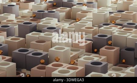This scene displays a rich gold sphere set against a background of various geometric shapes. The forms create an intricate design effect. Stock Photo
