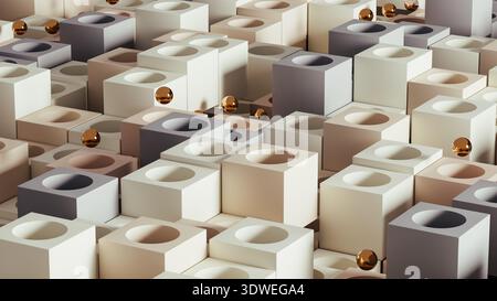 This scene displays a rich gold sphere set against a background of various geometric shapes. The forms create an intricate design effect. Stock Photo