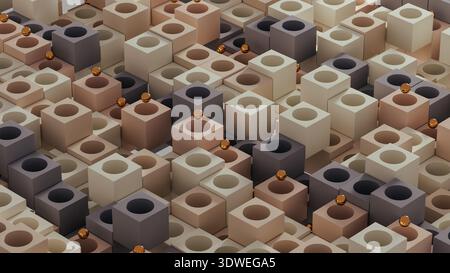 This scene displays a rich gold sphere set against a background of various geometric shapes. The forms create an intricate design effect. Stock Photo