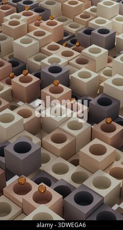This scene displays a rich gold sphere set against a background of various geometric shapes. The forms create an intricate design effect. Stock Photo