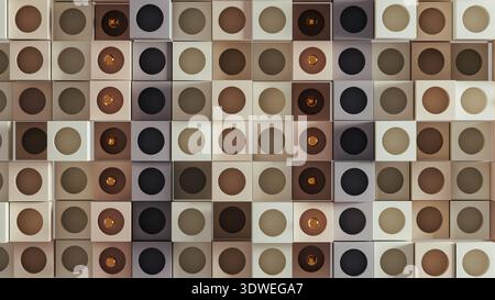 This scene displays a rich gold sphere set against a background of various geometric shapes. The forms create an intricate design effect. Stock Photo