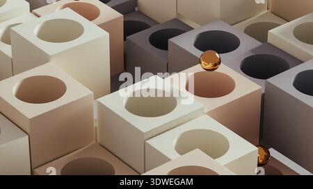 This scene displays a rich gold sphere set against a background of various geometric shapes. The forms create an intricate design effect. Stock Photo