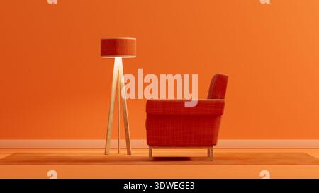 The setting shows an orange interior featuring an armchair next to a lamp on a rug. The colors create a lively and warm environment. Stock Photo