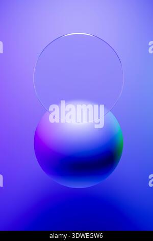 A vibrant 3D illustration showcasing geometric shapes, featuring a glowing sphere and transparent circle against a gradient of purple and blue, creati Stock Photo