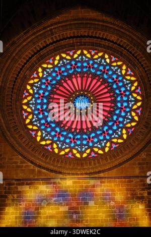 Stained glass rose window reflecting colorful light onto a brick wall inside a church Stock Photo
