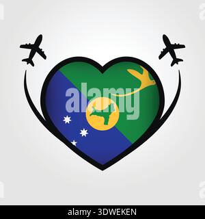 Christmas Island Travel Heart Flag With Airplane Icons Stock Vector