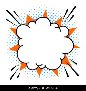 Comic cloud speech bubble with orange starburst rays, blue halftone dots and black splash lines in retro pop art vector style. Cloud bubble starburst Stock Vector