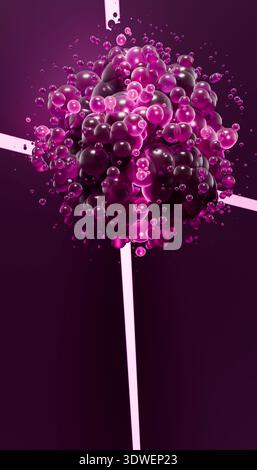A dynamic 3D render showcasing vibrant purple and pink spheres clustered together against a dark background, creating a modern and abstract visual wit Stock Photo