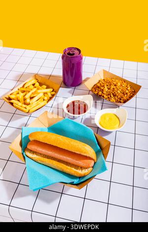 A vibrant meal setup featuring a hot dog in a bun on a blue napkin, accompanied by crispy fries, a bowl of crunchy snacks, and a purple can, all on a Stock Photo