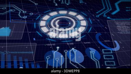 Displaying central ring HUD pulsing in virtual dashboard, showing Cartesian grid, panels, readouts Stock Photo
