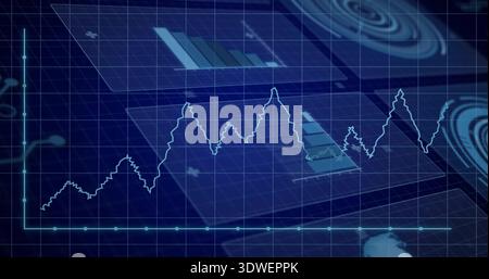 Displaying jagged teal line chart plotting on grid at analytics UI, showing axes and node markers Stock Photo