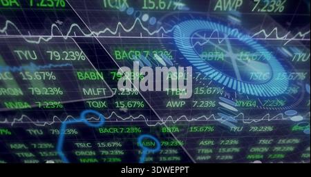 Displaying dense market data on trading terminal, showing tickers, percent, line charts, HUD dial Stock Photo