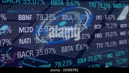 Displaying central circular HUD with stock tickers, percent labels and chart traces on UI Stock Photo