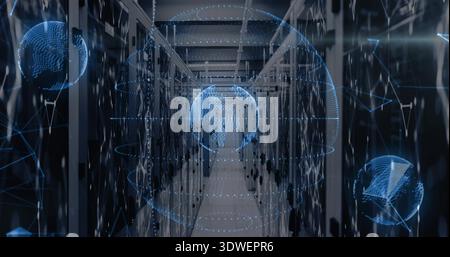 Featuring central server aisle showing blue holographic globe in data center, with racks, cabling Stock Photo