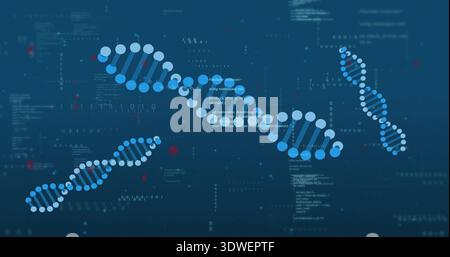 Displaying central DNA helix curving across digital lab interface with nodes, code, binary Stock Photo