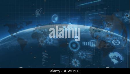 Displaying curved Earth showing translucent HUD overlays in low-Earth orbit, with radar, map, code Stock Photo