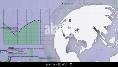 Displaying stylized globe occupying right side in dashboard, with green line or area chart, copy spa Stock Photo