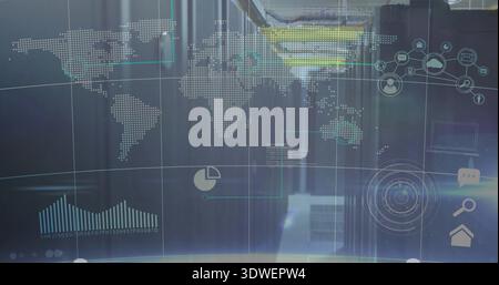 Projecting digital overlay over datacenter aisle, displaying map, charts, server racks, LEDs Stock Photo