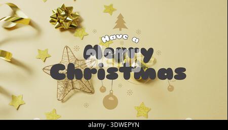 Displaying centered large dark greeting with wire star ornament on cream background, gold decor Stock Photo