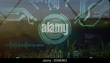 Displaying concentric HUD floating over grass near greenhouse frames, showing waveform and circuits Stock Photo