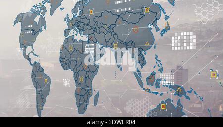 Displaying blue map overlay showing continent outlines, markers and links over hazy skyline Stock Photo