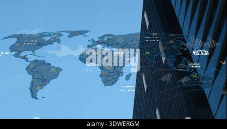 Displaying digital world map overlay over clear blue sky, showing data markers and glass skyscraper Stock Photo