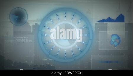 Displaying transparent HUD overlay over hazy city skyline, with circular interface and data panels Stock Photo