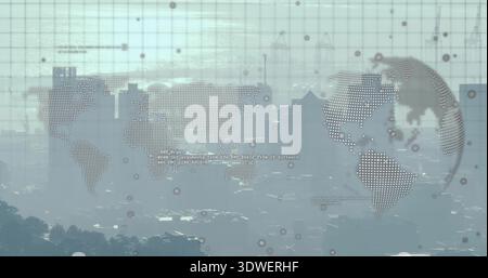 Floating dotted world map and globe overlaying hazy city skyline showing grid nodes technical text Stock Photo