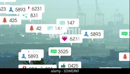 Floating cluster of notification bubbles showing icons and counts hovering over harbor, with cranes Stock Photo