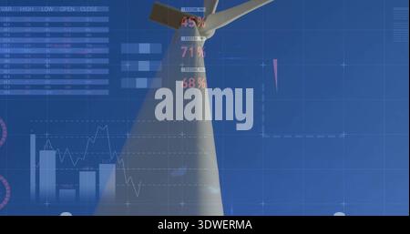 Displaying utility turbine tower and rotor blade towering at wind farm, with percent readouts Stock Photo